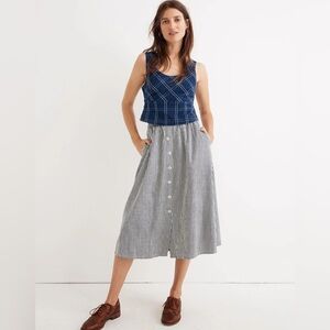 Madewell Palisade Button-Front Midi Skirt in Chambray Stripe
